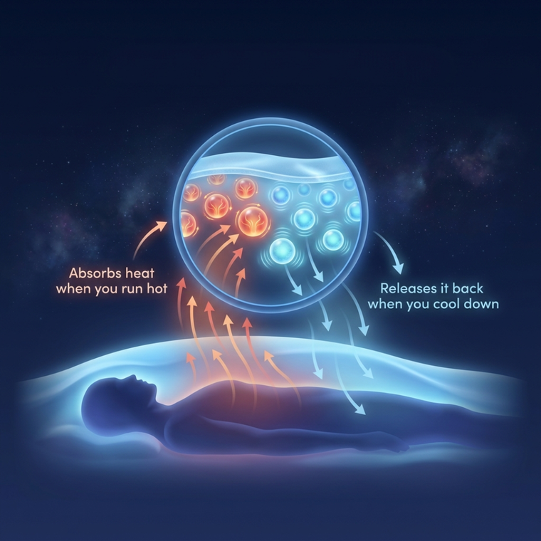 IMAGE_SLOT_5 — Diagram: heat flowing from a sleeper's body into PCM microcapsules (absorb) and back out as they cool (release)