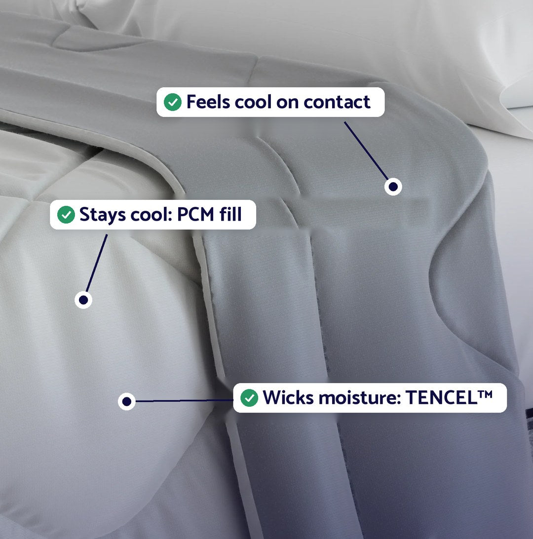 Dosaze ThermaCool dual-sided comforter, labeled: feels cool on contact, stays cool with PCM fill, wicks moisture with TENCEL lyocell