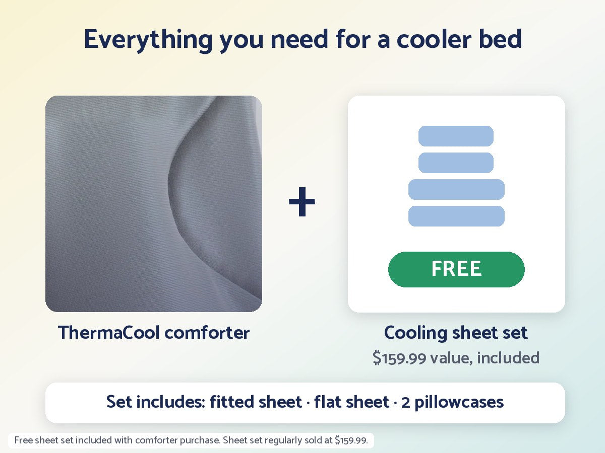 ThermaCool comforter plus a free ThermaCool cooling sheet set, a $159.99 value