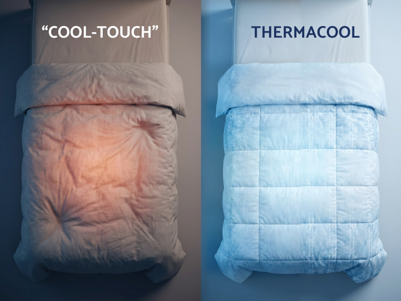 IMAGE_SLOT_1 — Split comparison: 'COOL-TOUCH' side warmed to body heat vs 'THERMACOOL' side still cool