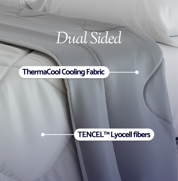 IMAGE_SLOT_6 — Draped comforter with both layers visible: PCM cooling side and TENCEL™ moisture-wicking side, annotated in design