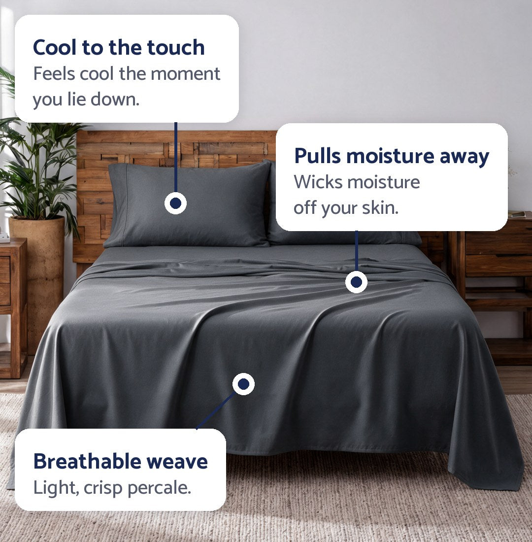 Dosaze ThermaCool sheets in Slate, labeled: cool to the touch, pulls moisture away, breathable weave