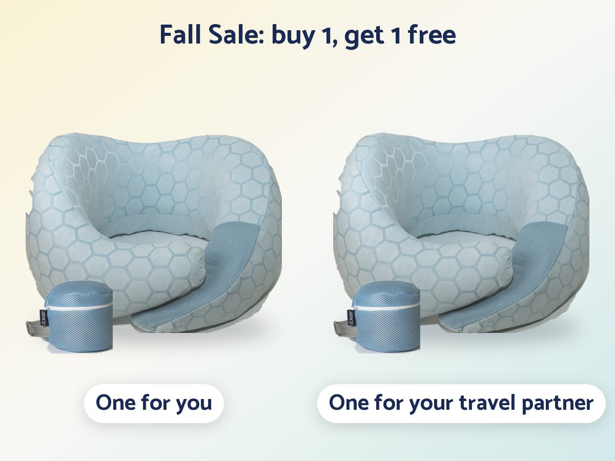 Fall Sale, buy one get one free: two Dosaze Travel Neck Pillows, each with its own mesh carry bag, one for you and one for your travel partner.